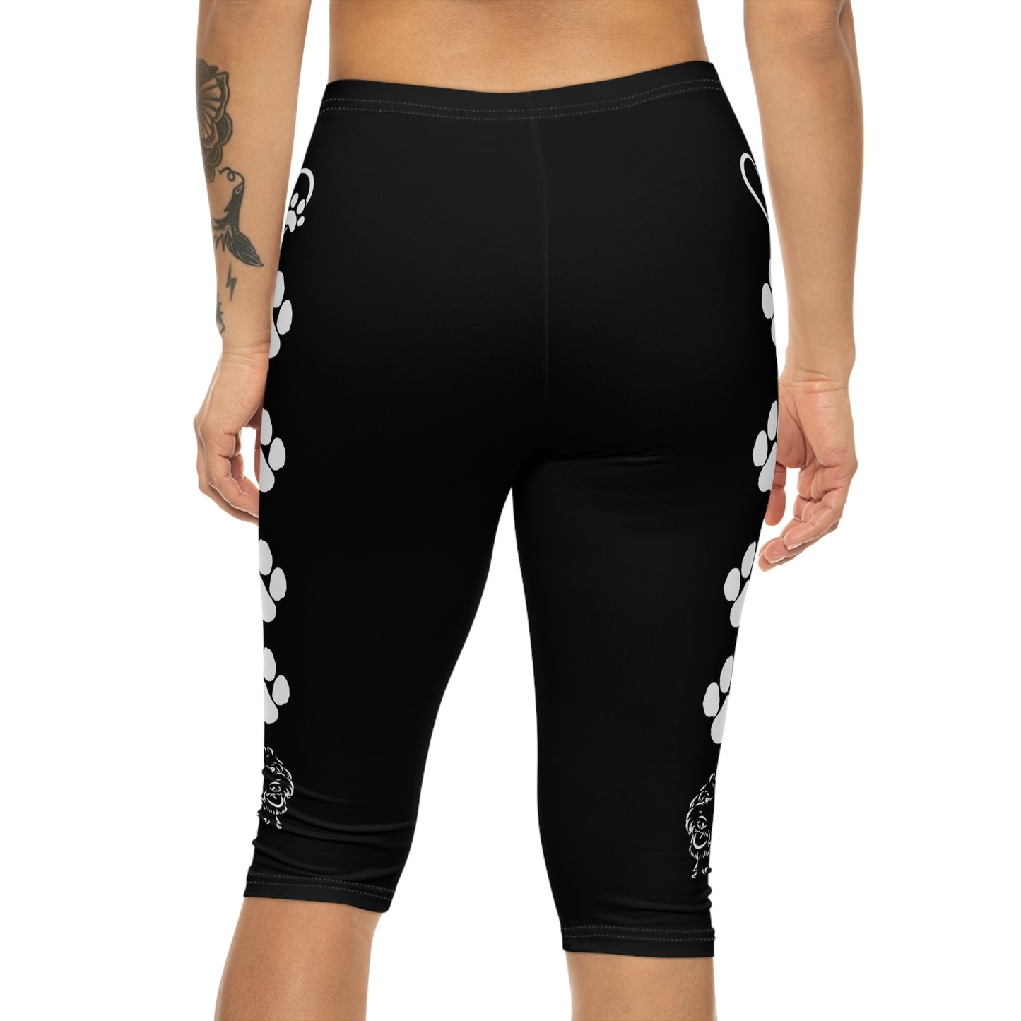 Paw Print and Hearts Doodle Dog Capri Leggings Black and White