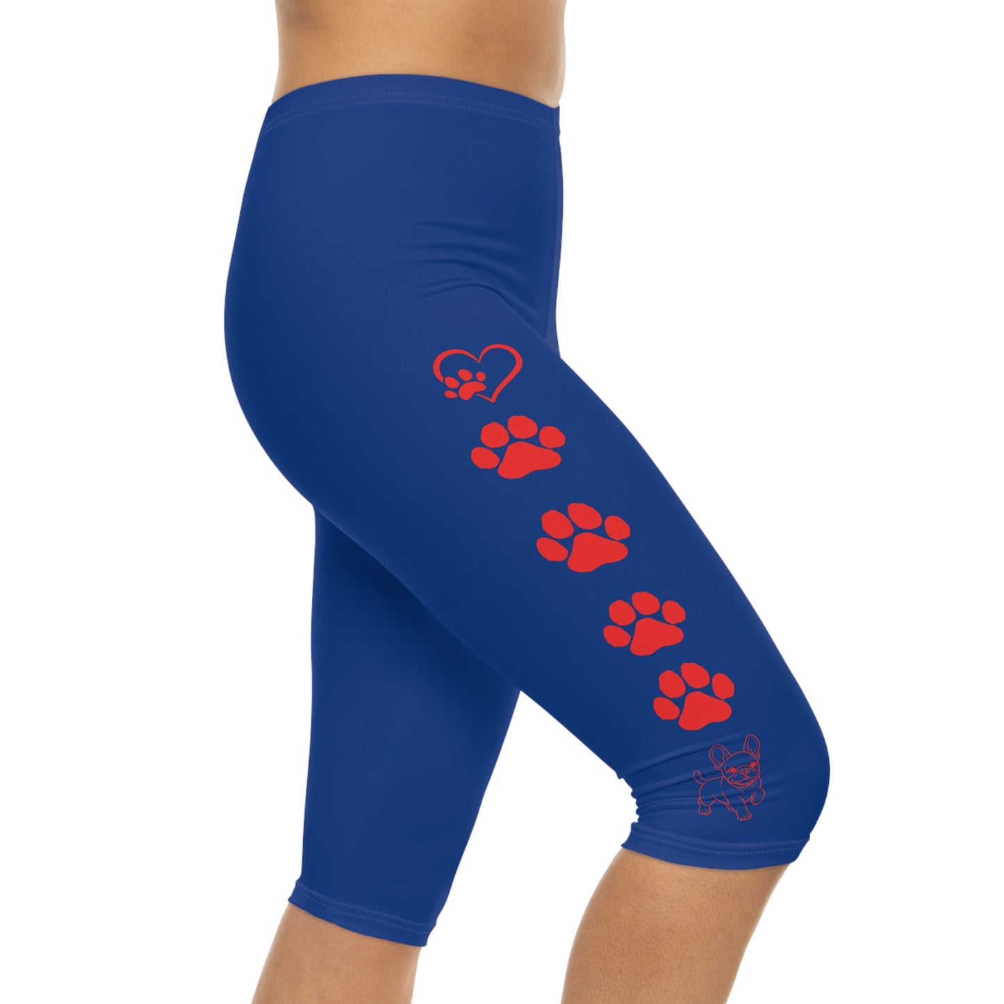 Paws and Hearts French Bulldog Capri Leggings Blue and Red