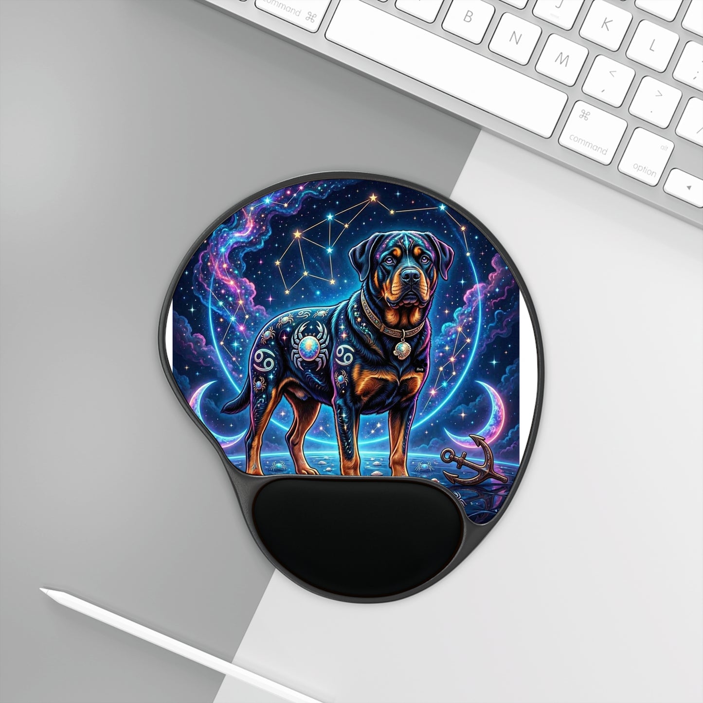 Celestial Cancer Zodiac Rottweiler Mouse Pad with Wrist Rest | Cosmic Dog Art Desk Mat