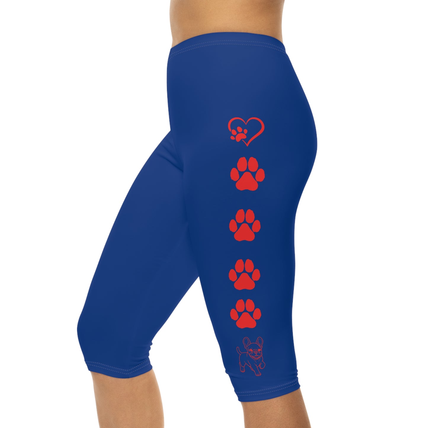 Paws and Hearts French Bulldog Capri Leggings Blue and Red