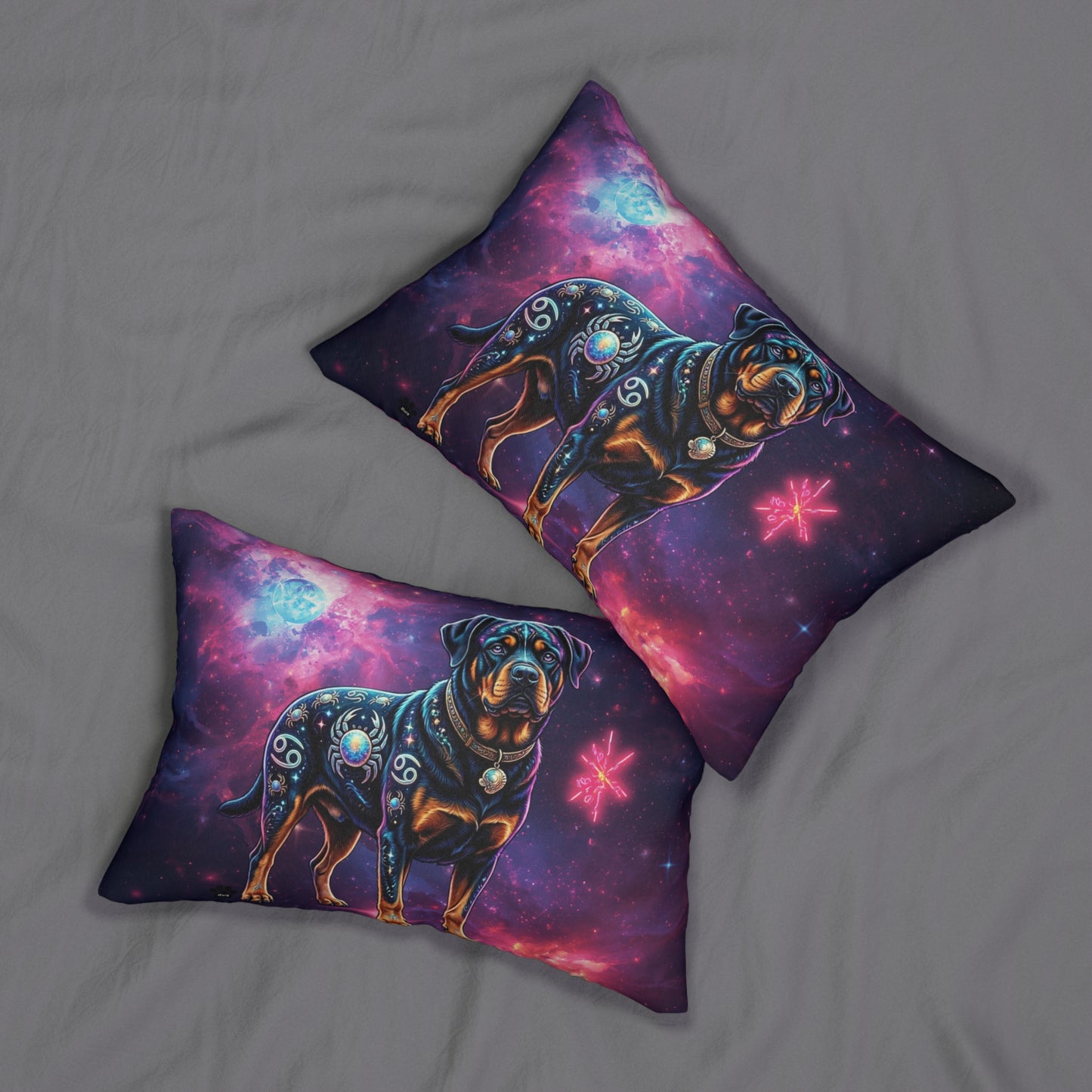 Celestial Cancer Zodiac Rottweiler Lumbar Pillow | Cosmic Dog Art Accent Cushion