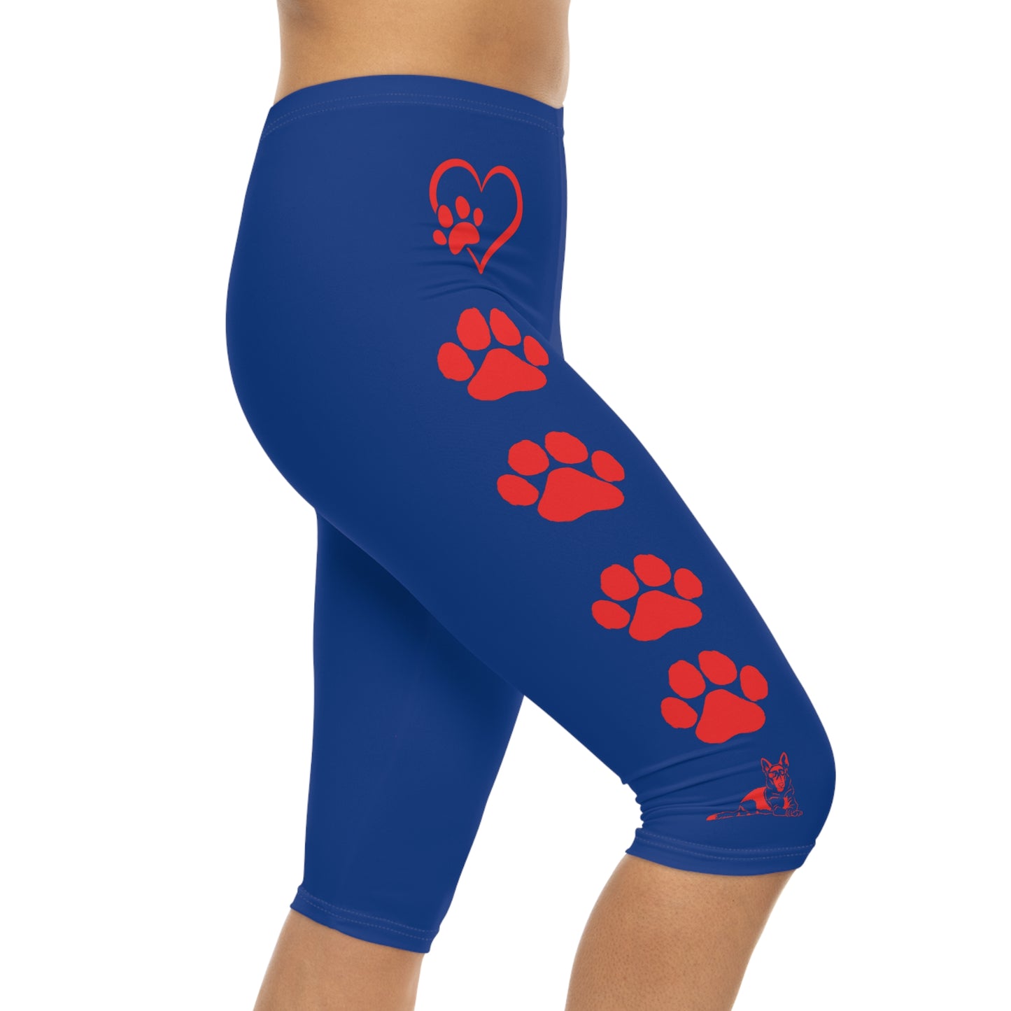 Paws and Hearts German Shepherd Women’s Capri Leggings. Blue and Red