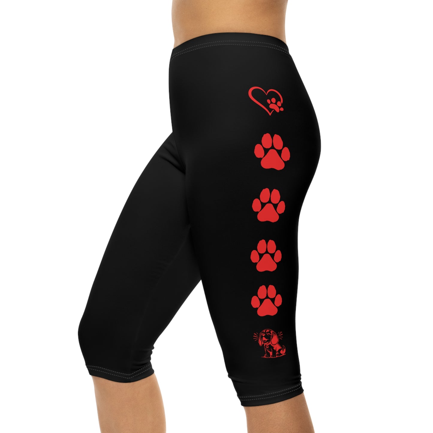 Paw Print and Beagle Capri Leggings Black and Red