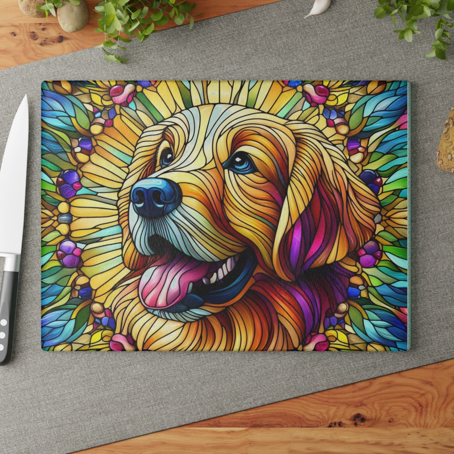 Golden Retriever Stained Glass design Glass Cutting Board.