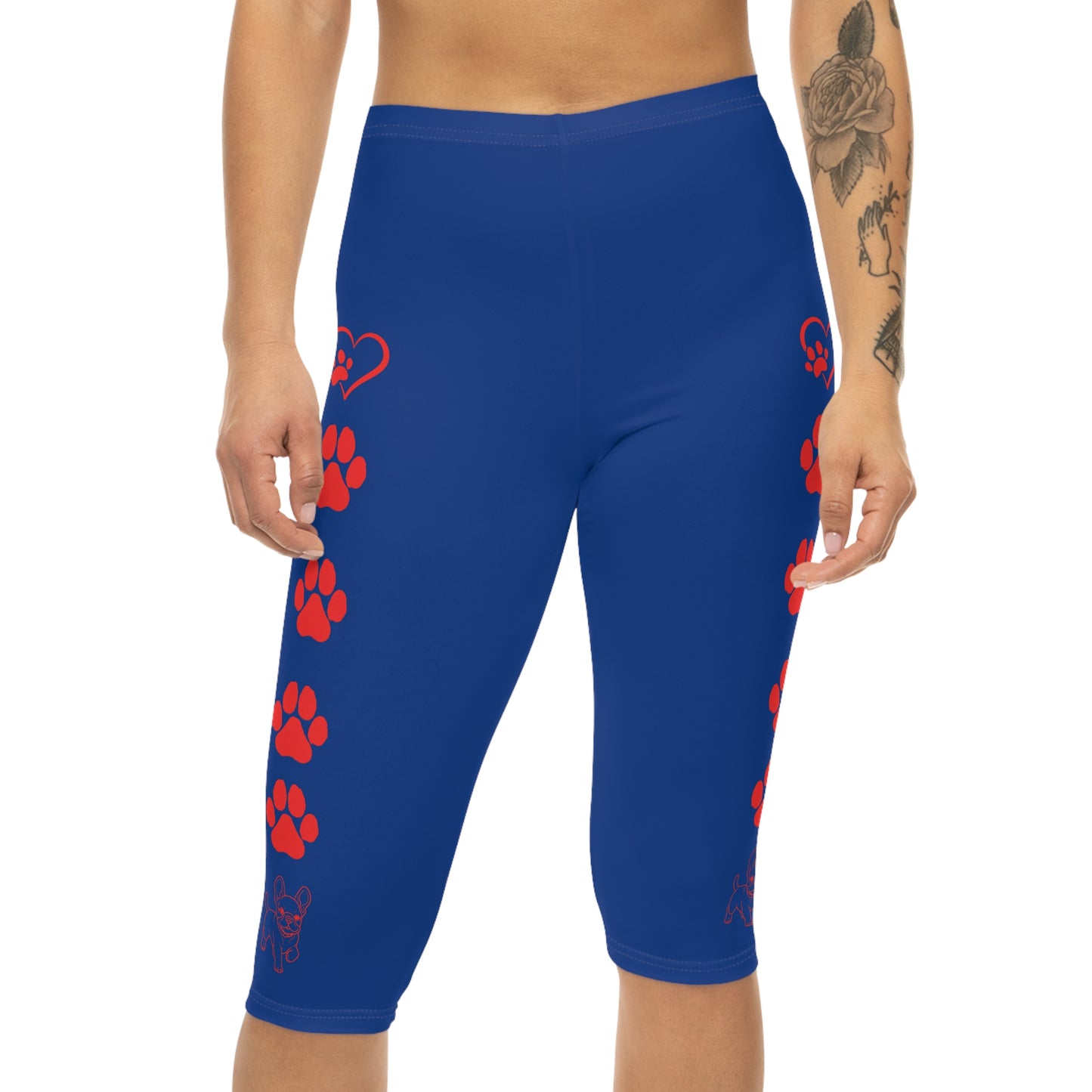 Paws and Hearts French Bulldog Capri Leggings Blue and Red
