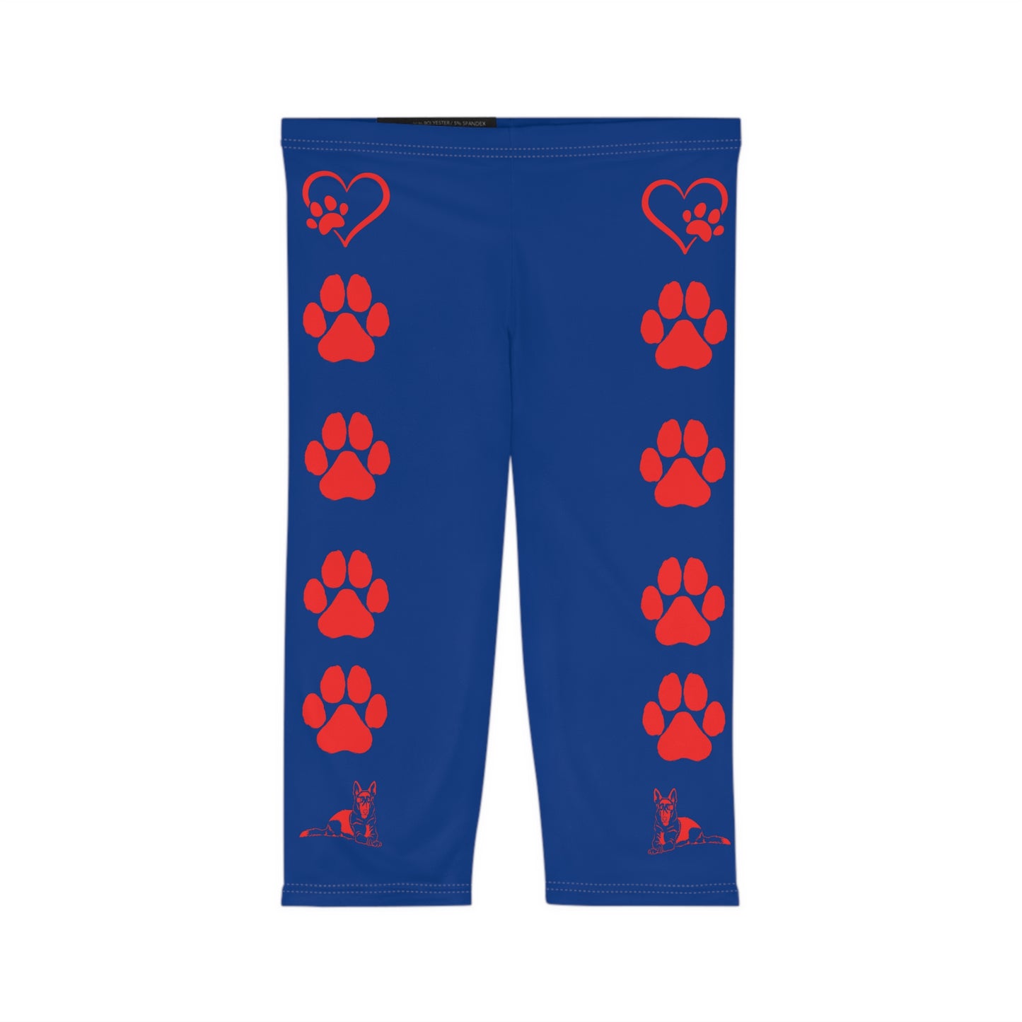 Paws and Hearts German Shepherd Women’s Capri Leggings. Blue and Red