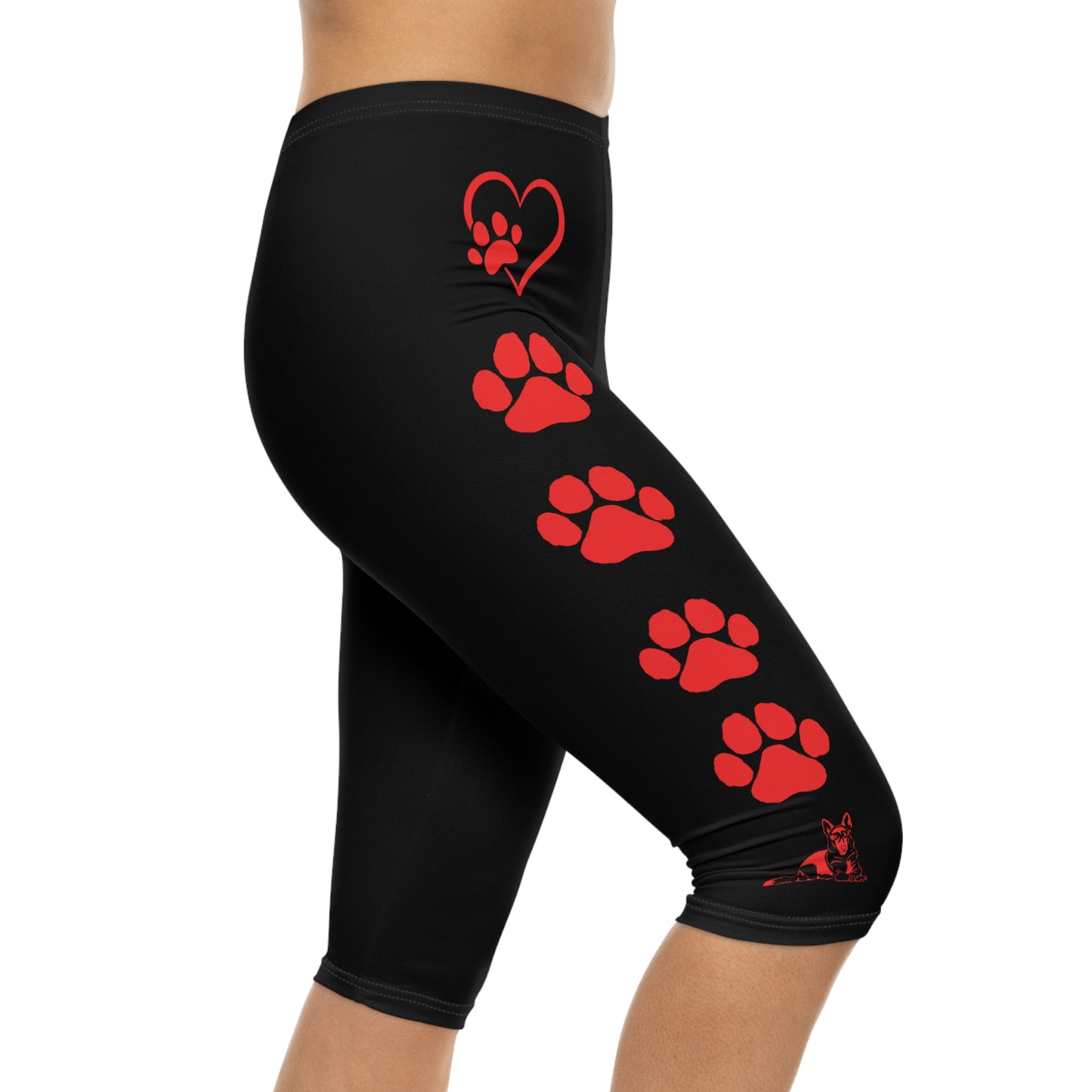 Paws and Hearts German Shepherd Women’s Capri Leggings. Black and Red