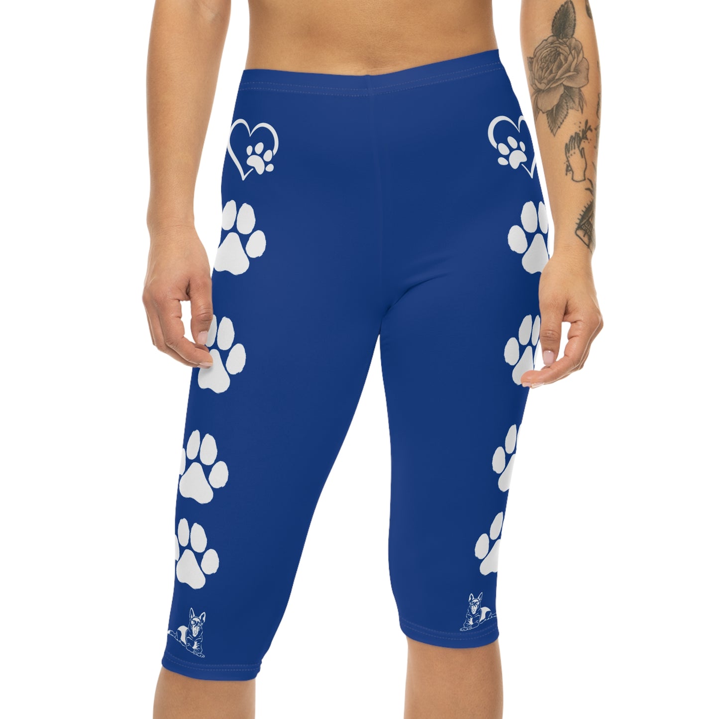 Paws and Hearts German Shepherd Women’s Capri Leggings. Blue and White
