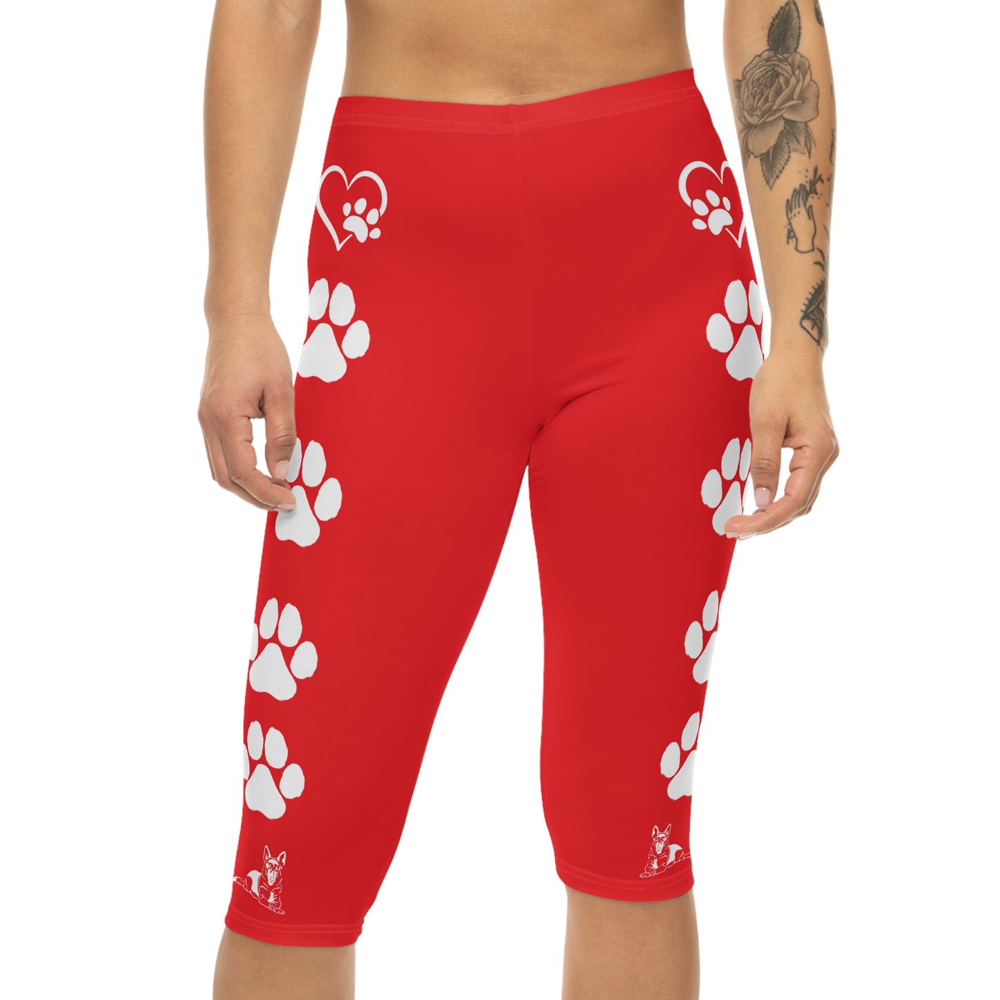 Paws and Hearts German Shepherd Women’s Capri Leggings. Red and White