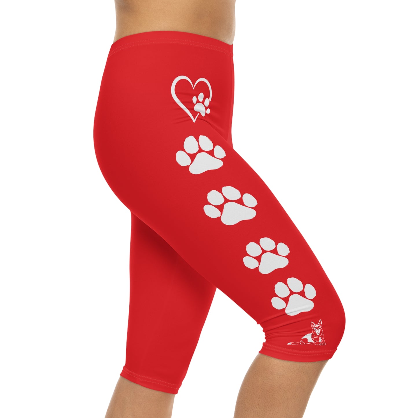 Paws and Hearts German Shepherd Women’s Capri Leggings. Red and White