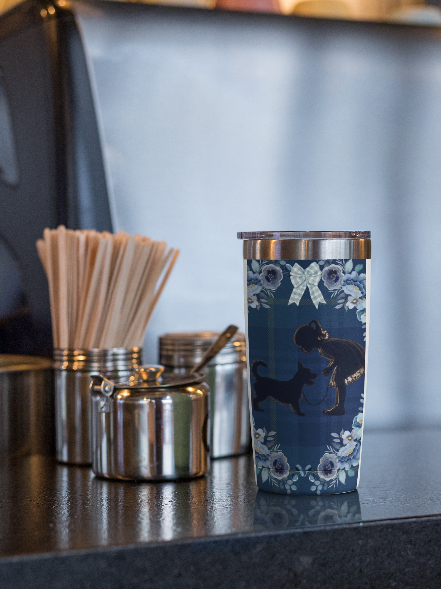 scotty and girl walking with plaid background coffee tumbler