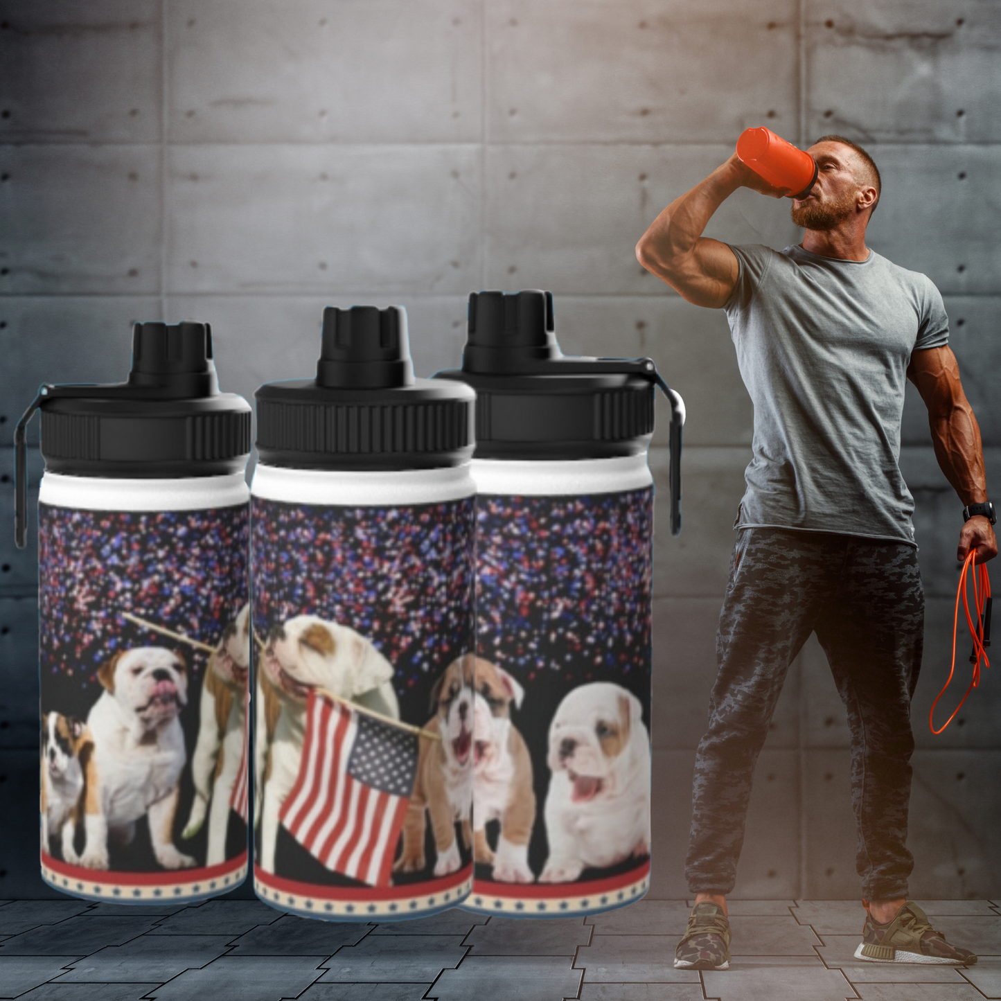 Patriotic American Bulldog Stainless Steel Water Bottle, Sports Lid