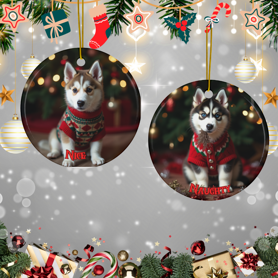 Siberian Husky Dual-Sided Ceramic Ornament: Nice vs. Naughty!