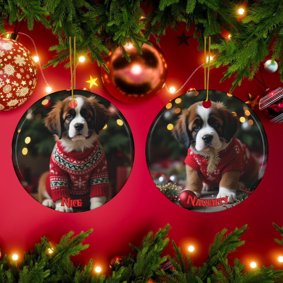 Saint Bernard Dual-Sided Ceramic Ornament: Nice vs. Naughty!