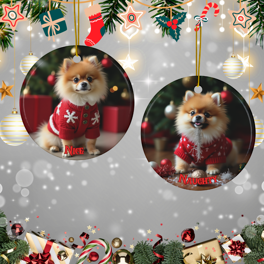 Pomeranian Naughty or Nice Dual Sided Christmas Ornament