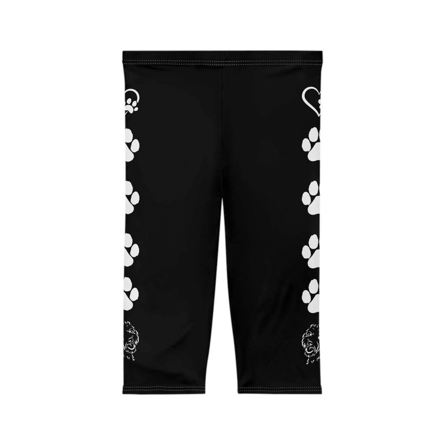 Paw Print and Hearts Doodle Dog Capri Leggings Black and White