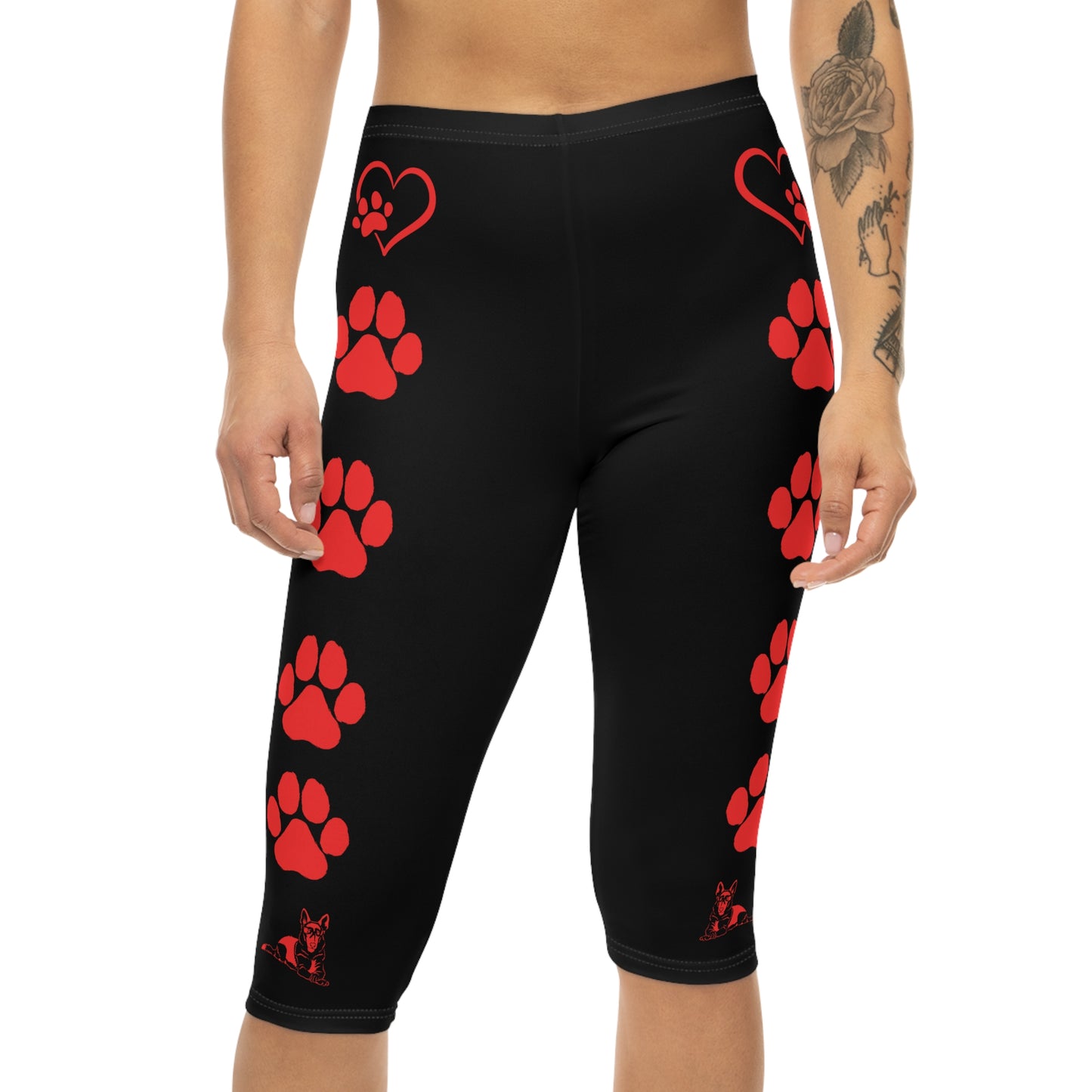 Paws and Hearts German Shepherd Women’s Capri Leggings. Black and Red