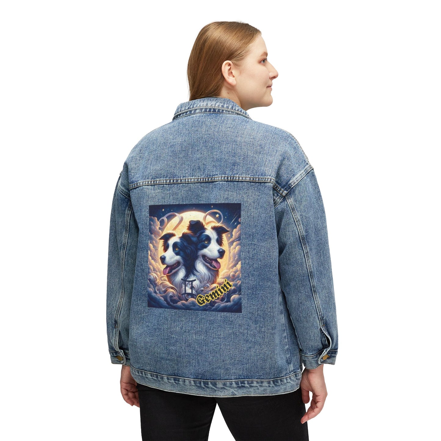 Gemini Zodiac Denim Jacket for Women - Border Collie Artwork