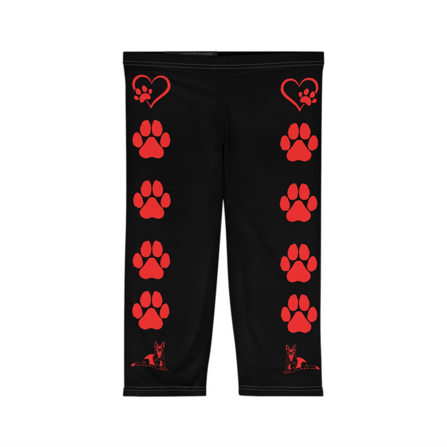 Paws and Hearts German Shepherd Women’s Capri Leggings. Black and Red