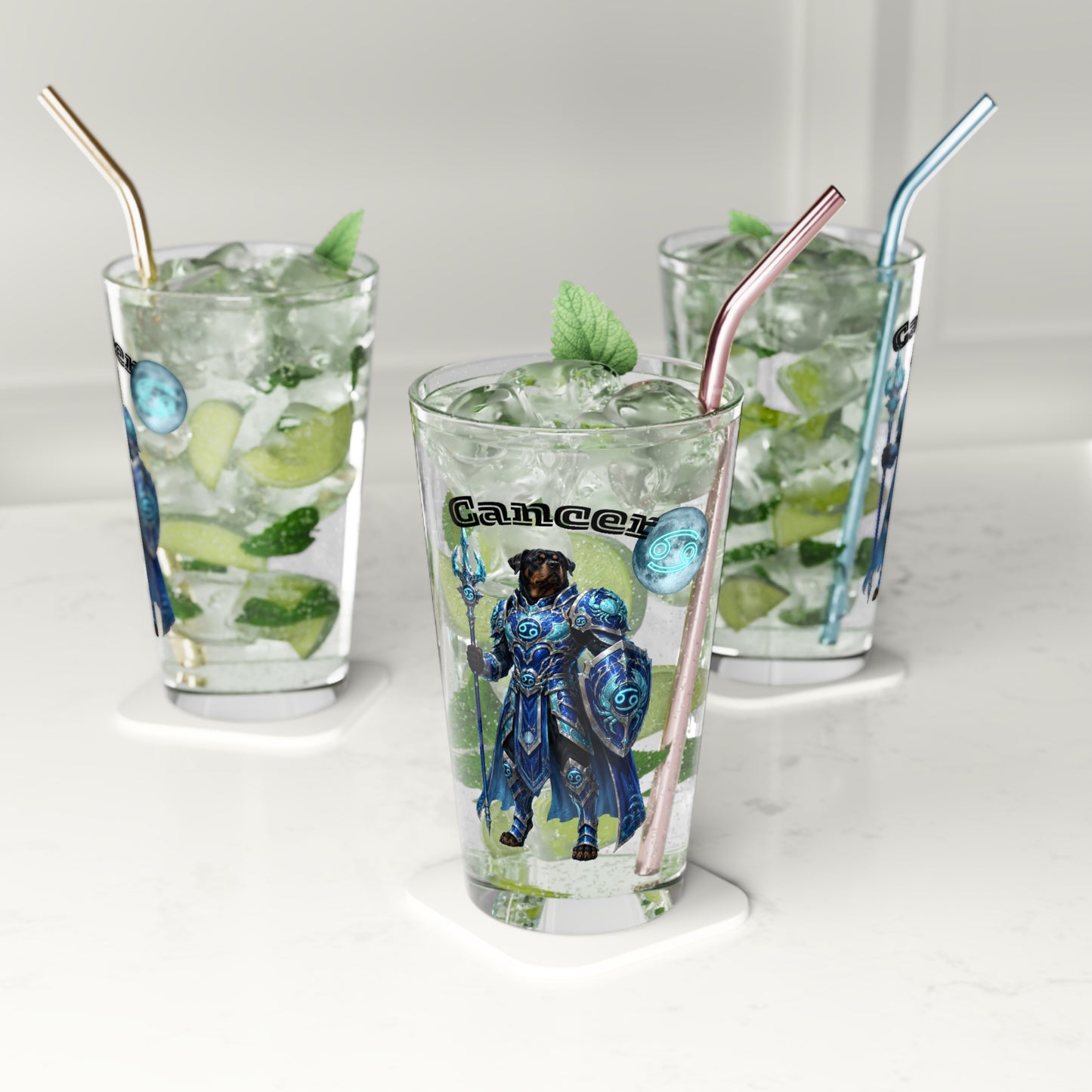 Cancer Zodiac Rottweiler Pint Glass – Mythic Neptune Knight Abyssal Dog Art Mixing Glass