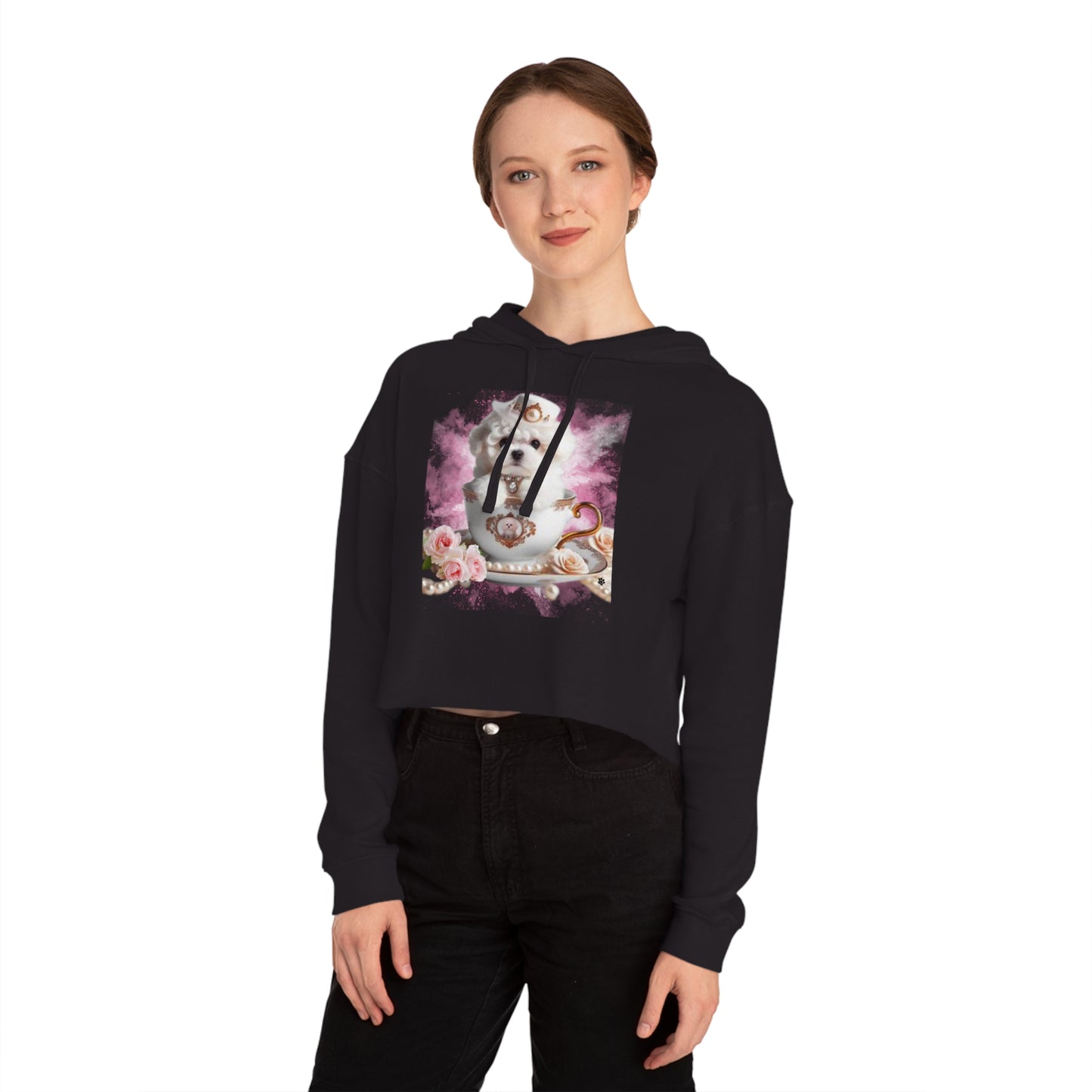 Too Cute Bichon Frise Teacup Puppy Women’s Cropped Hooded Sweatshirt