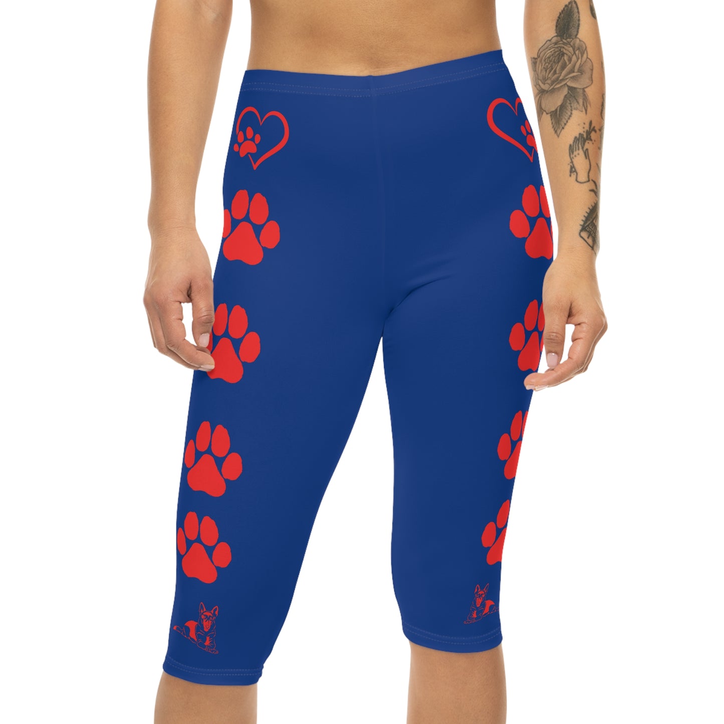 Paws and Hearts German Shepherd Women’s Capri Leggings. Blue and Red
