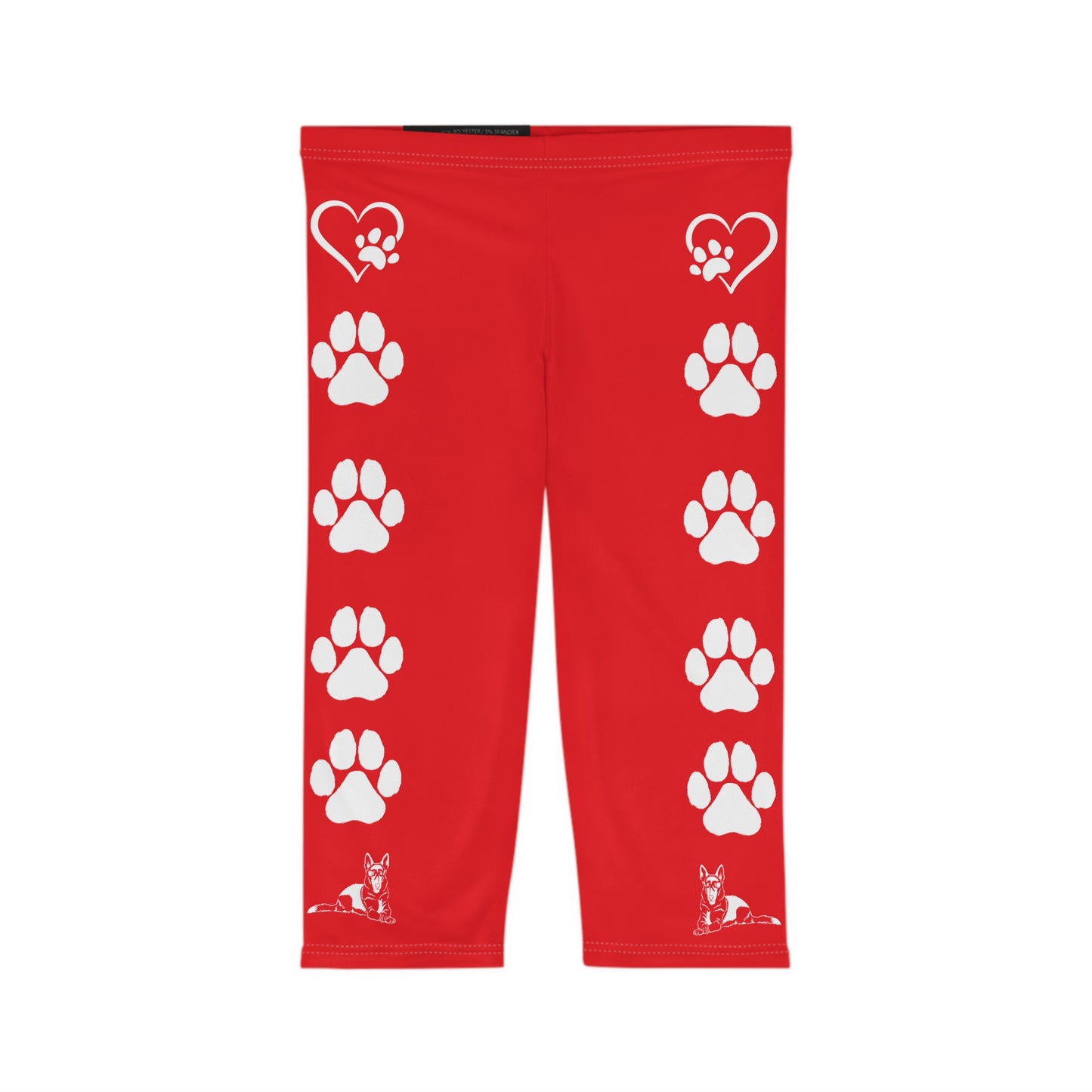 Paws and Hearts German Shepherd Women’s Capri Leggings. Red and White