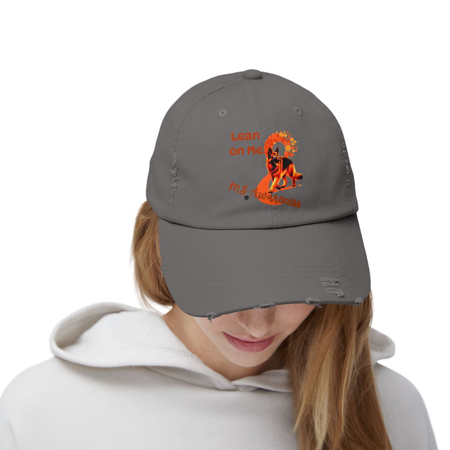 German Shepherd MS Awareness Distressed Cap - "Lean on Me" Mobility Service Dog Baseball Hat