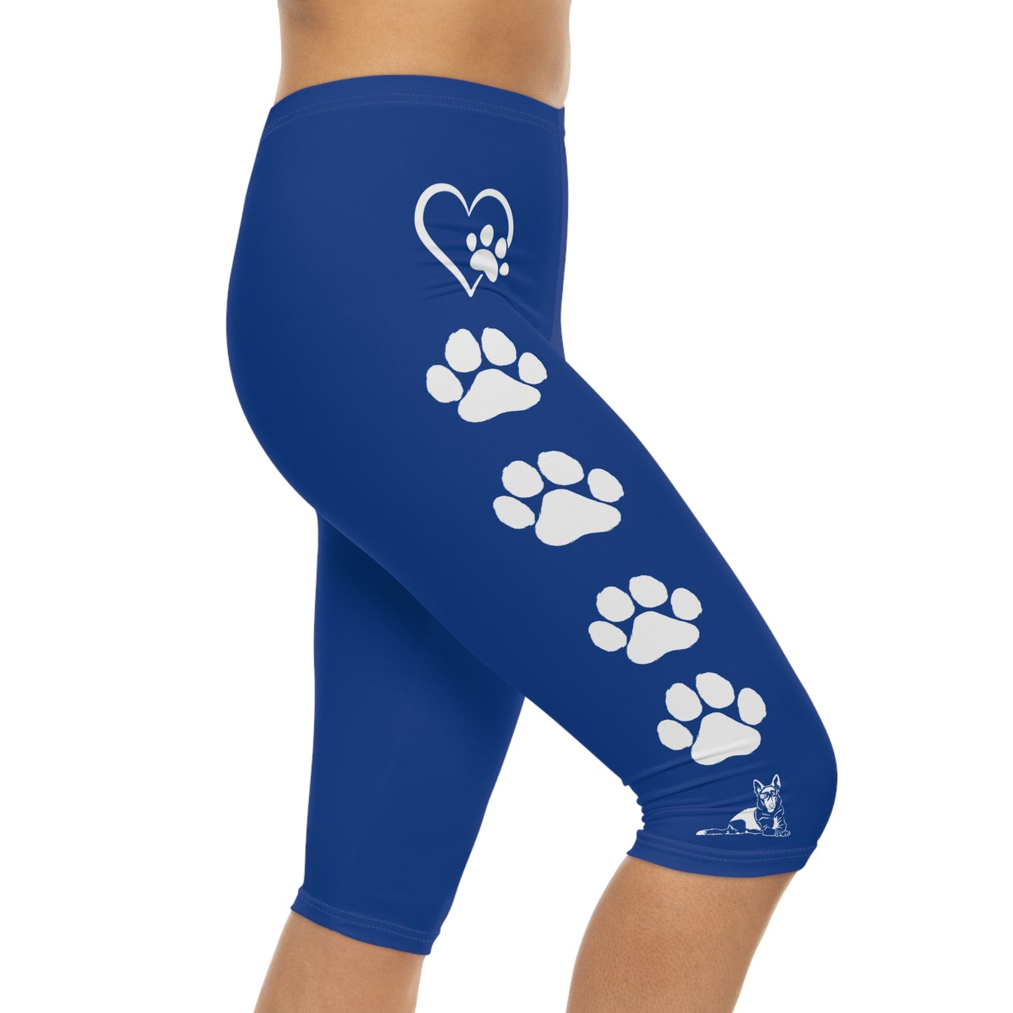 Paws and Hearts German Shepherd Women’s Capri Leggings. Blue and White