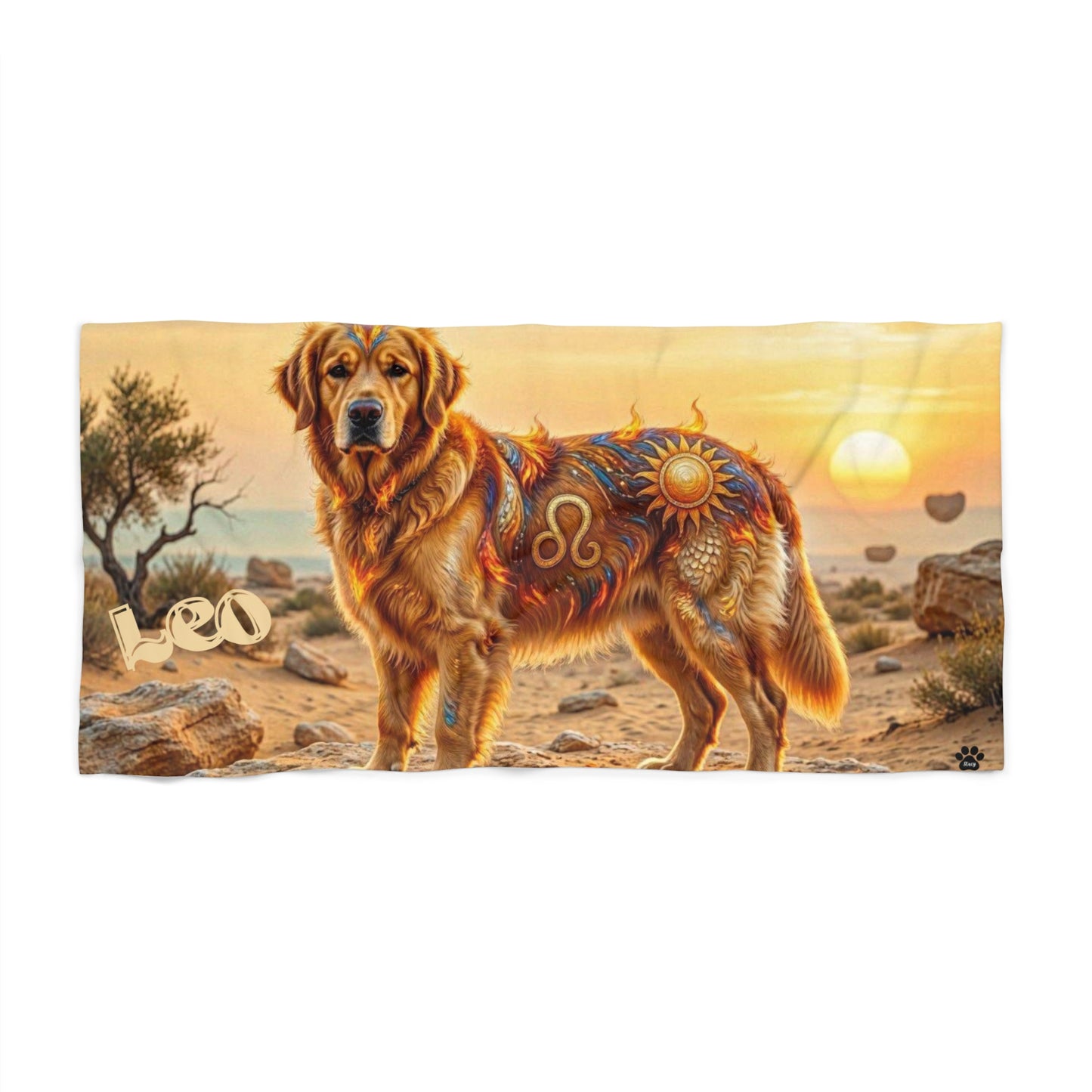 Leo Zodiac Golden Retriever Beach Towel | Sun & Stars Astrology Dog Pool Towel | Fire Sign Dog Parent Gift | Large Microfiber Beach Blanket