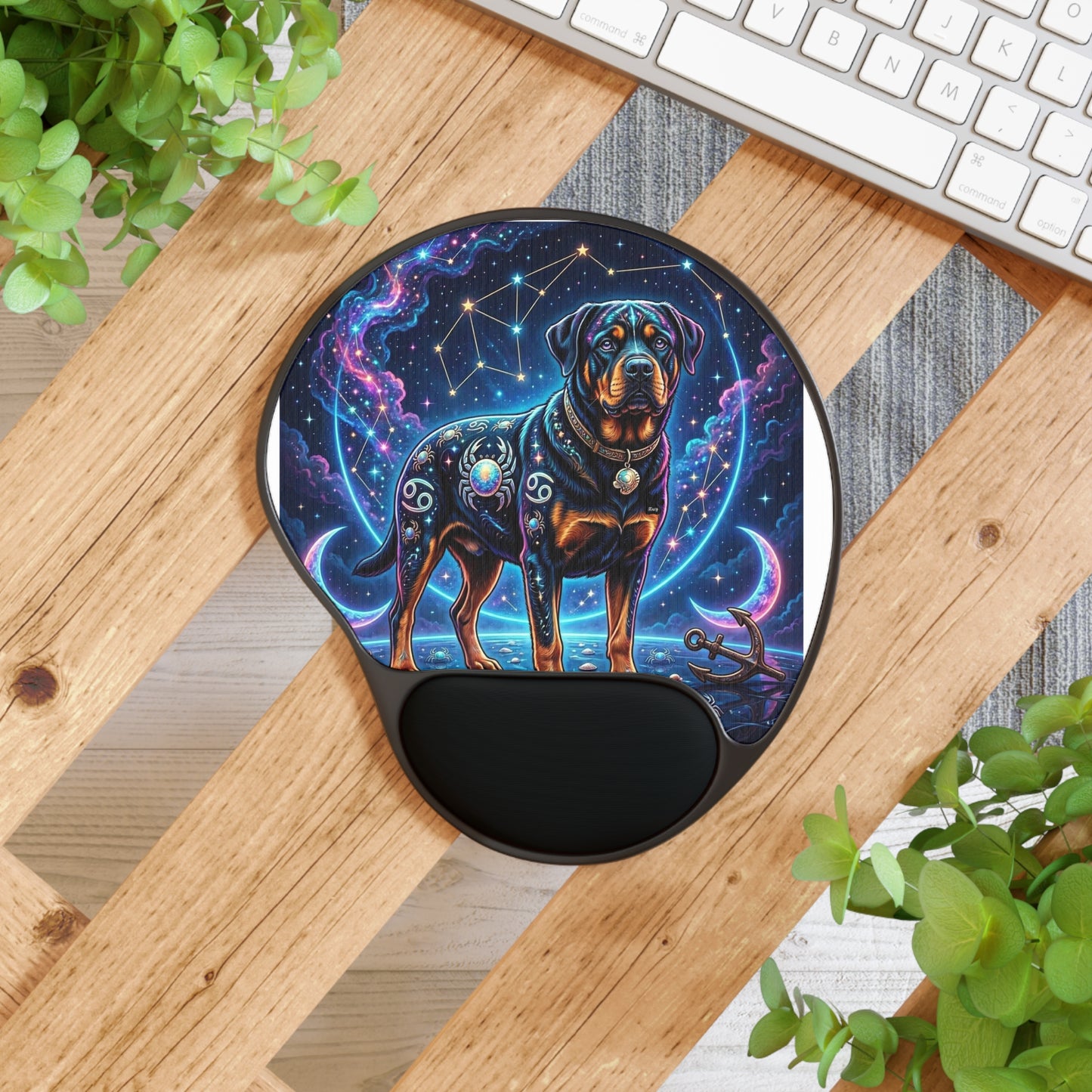 Celestial Cancer Zodiac Rottweiler Mouse Pad with Wrist Rest | Cosmic Dog Art Desk Mat