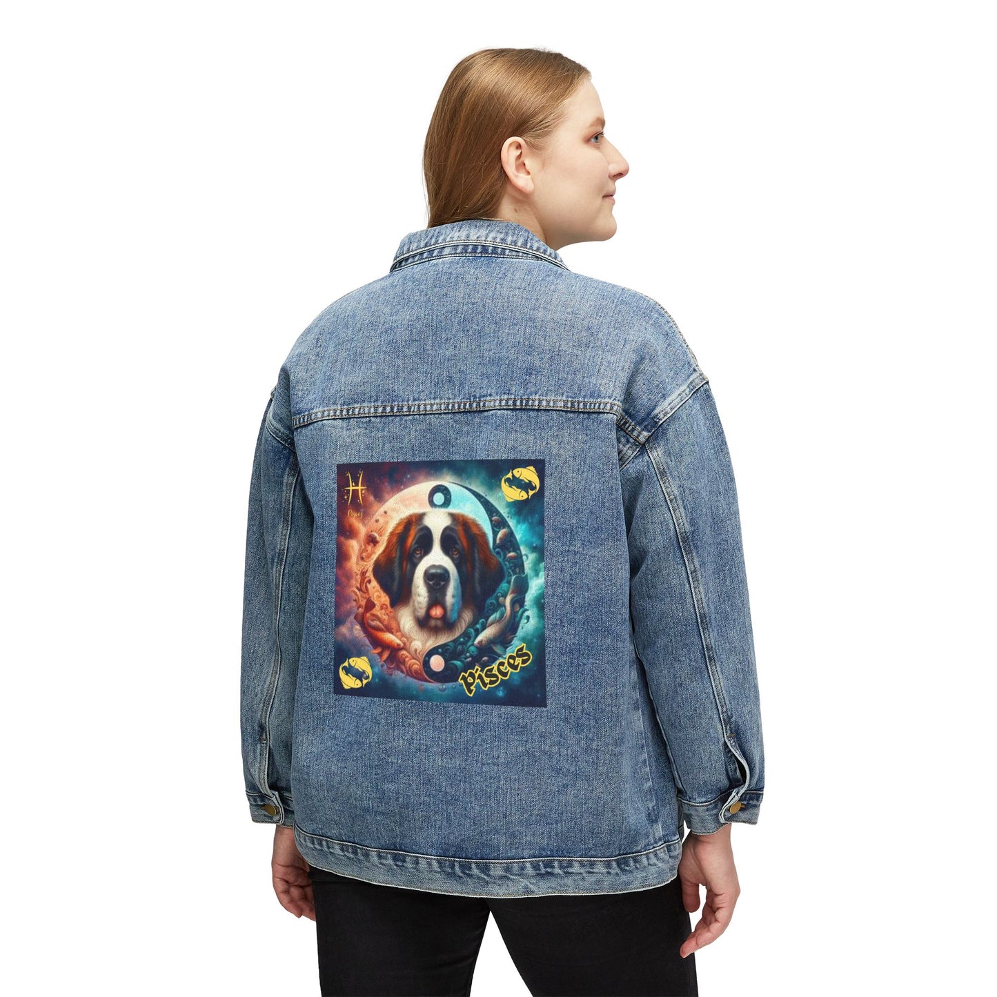 Pisces Zodiac Denim Jacket for Women - Saint Bernard Artwork