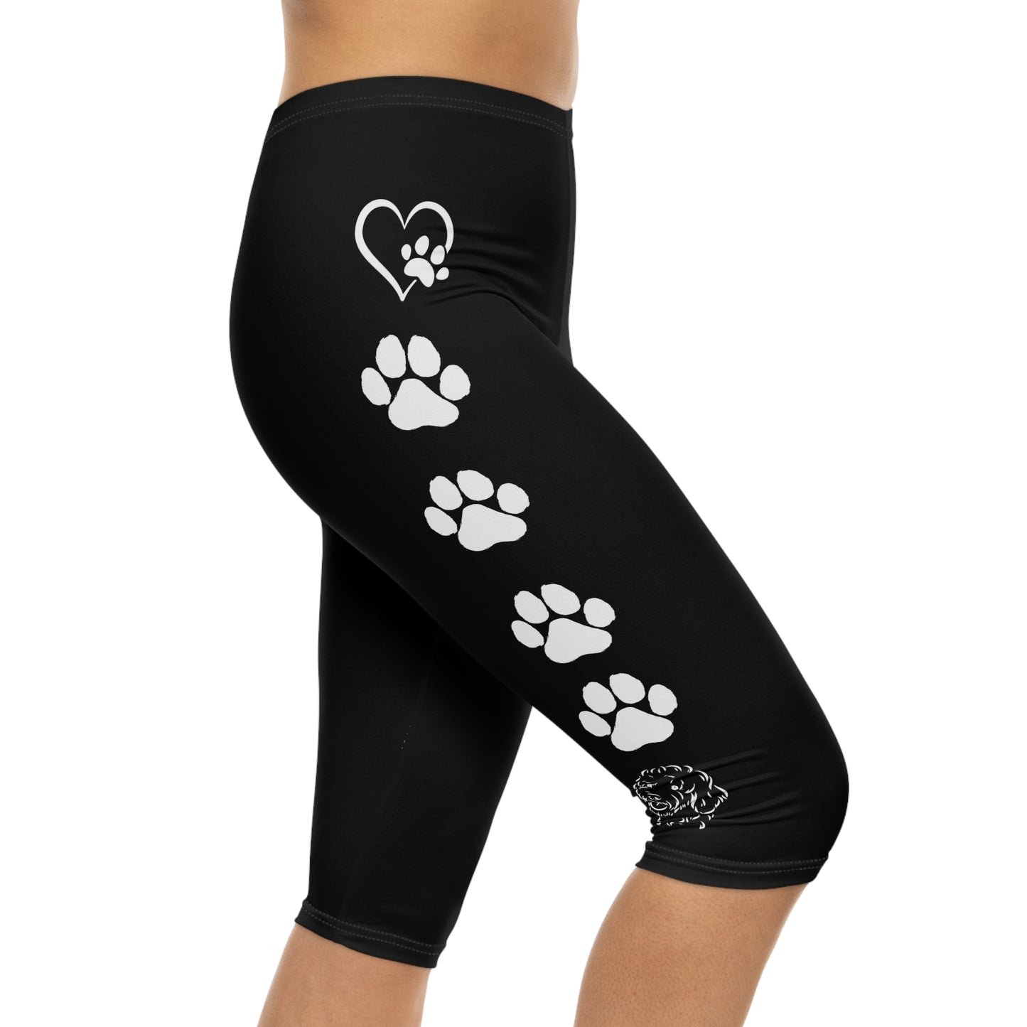 Paw Print and Hearts Doodle Dog Capri Leggings Black and White