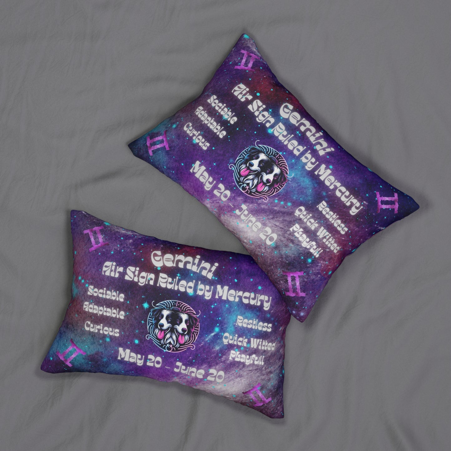 Celestial Zodiac Gemini as Border Collie Spun Polyester Lumbar Pillow - Dog Breed Zodiac