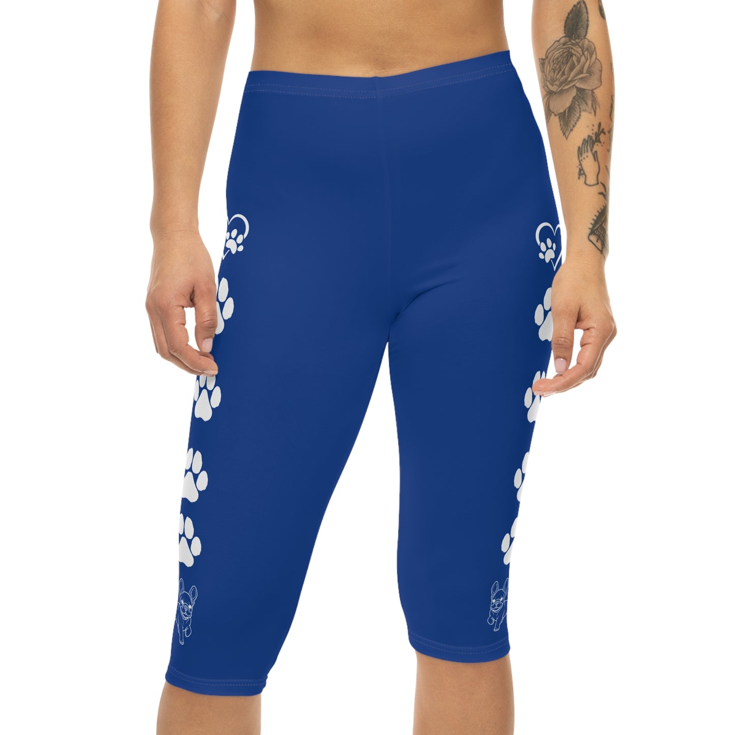 Paws and Hearts French Bulldog Capri Leggings Blue and White