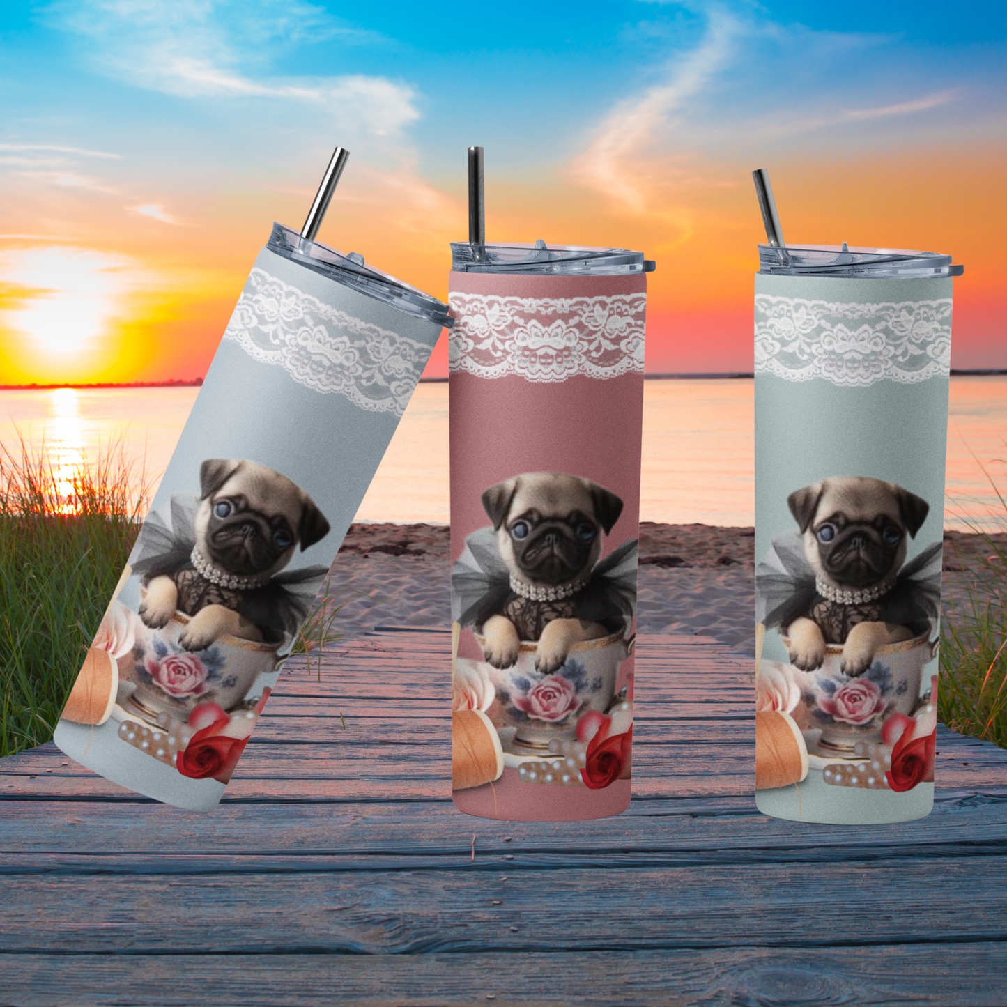 Too Cute Tea Cup Pug Puppy Maars Maker Skinny Matte Tumbler, 20oz