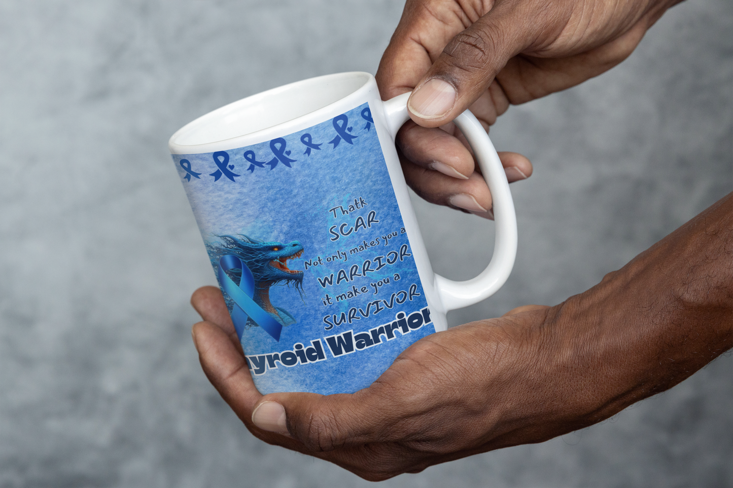 Thyroid Awareness- Thyroid Warrior and Survivor Ceramic Mug 11oz Courage of Dragons