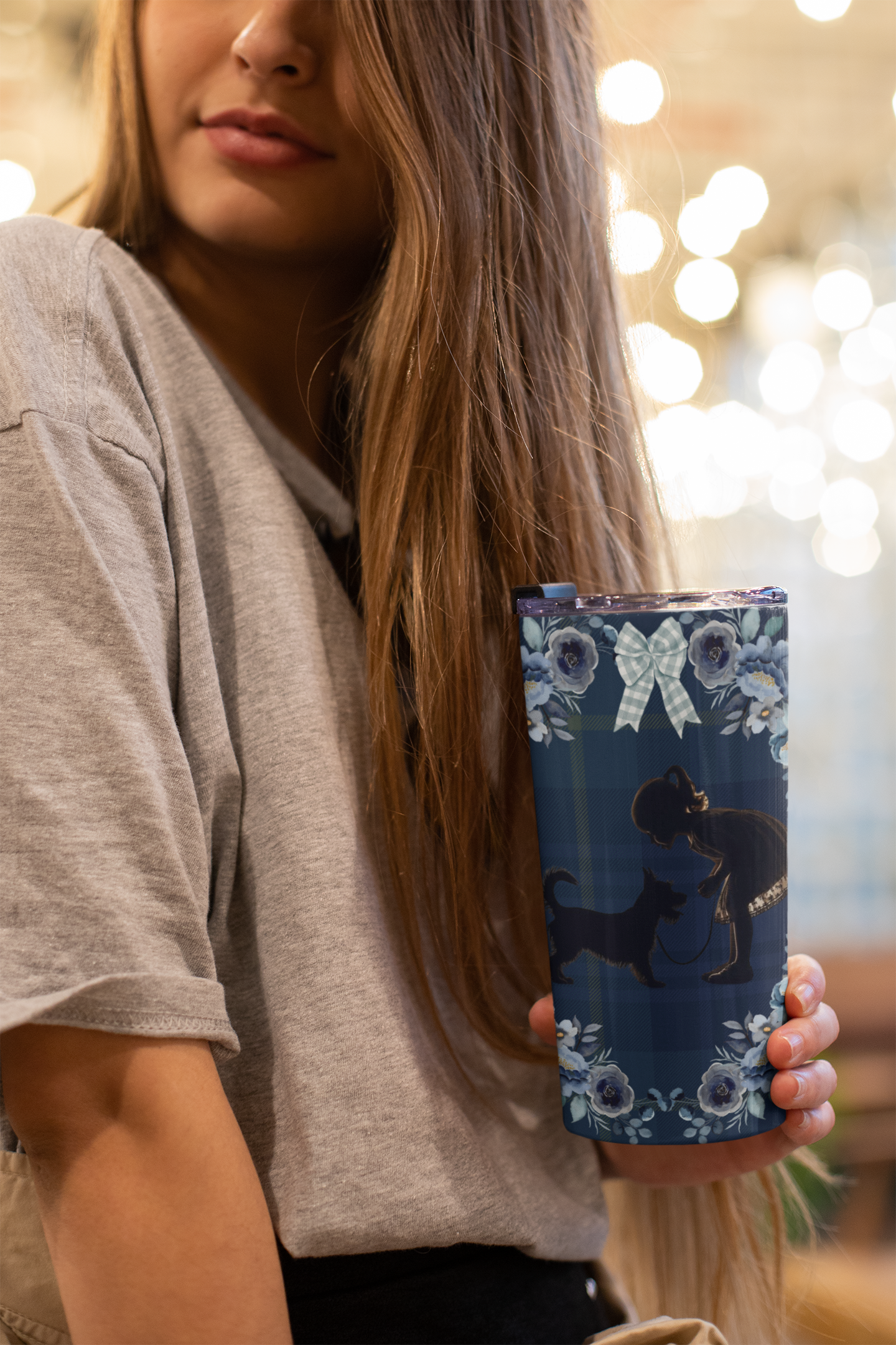 scotty and girl walking with plaid background coffee tumbler