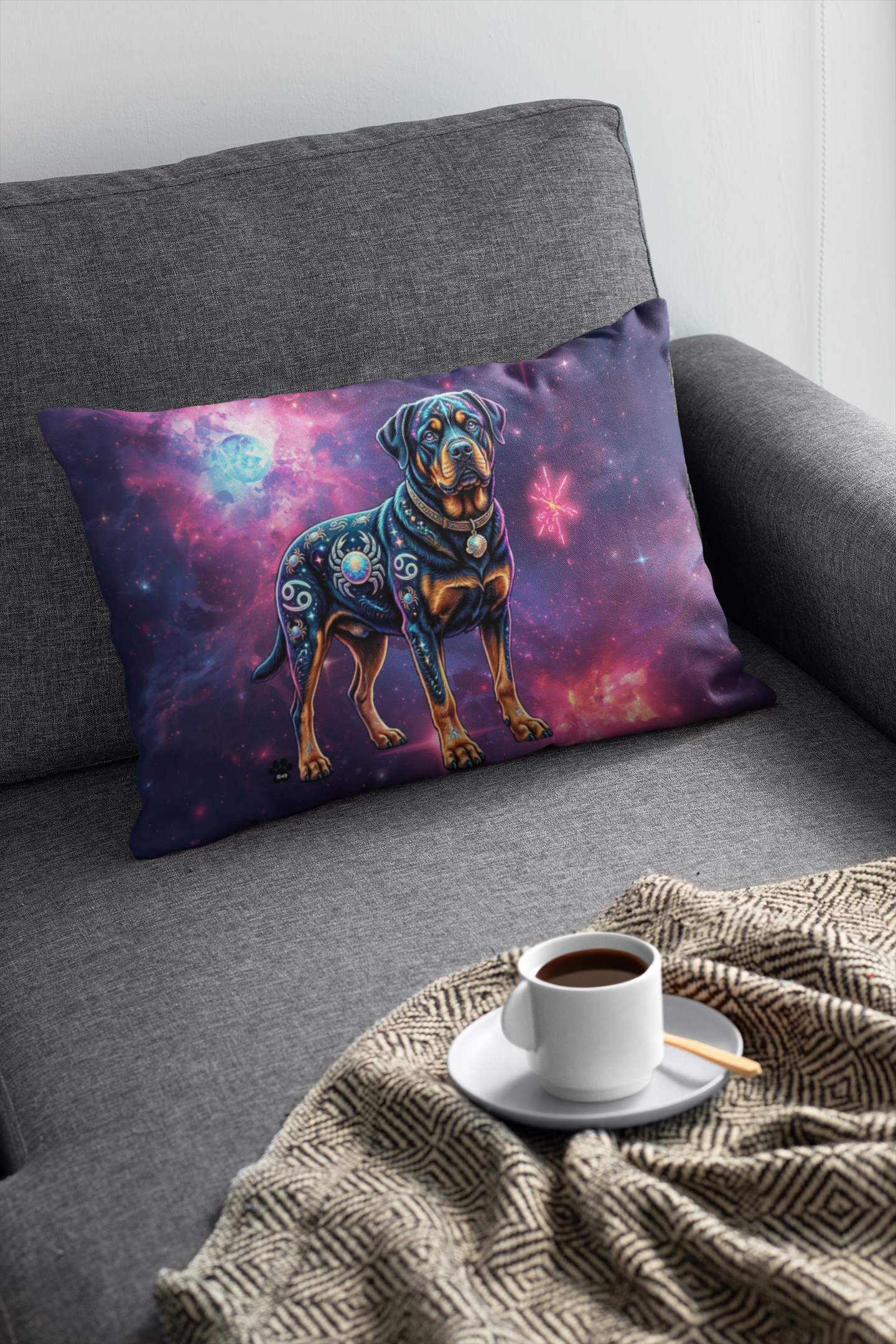 Celestial Cancer Zodiac Rottweiler Lumbar Pillow | Cosmic Dog Art Accent Cushion