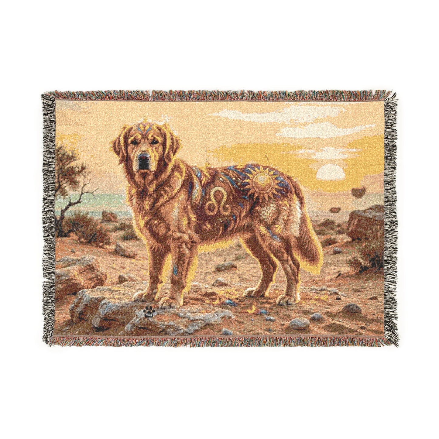 Leo Zodiac Golden Retriever Woven Blanket | Fire Sign Tapestry Throw with Fringe | Boho Astrological Dog Lover Gift | Couch & Wall Decor