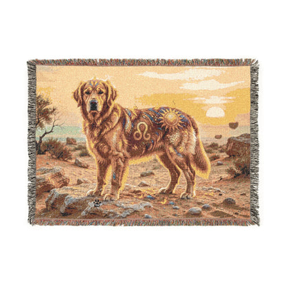Leo Zodiac Golden Retriever Woven Blanket | Fire Sign Tapestry Throw with Fringe | Boho Astrological Dog Lover Gift | Couch & Wall Decor