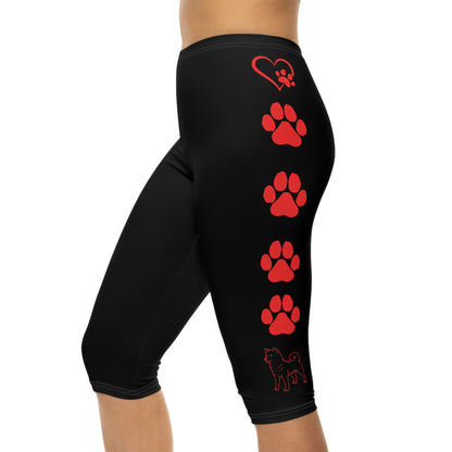Paw Prints and Hearts Shiba Inu Capri Leggings Black with Red