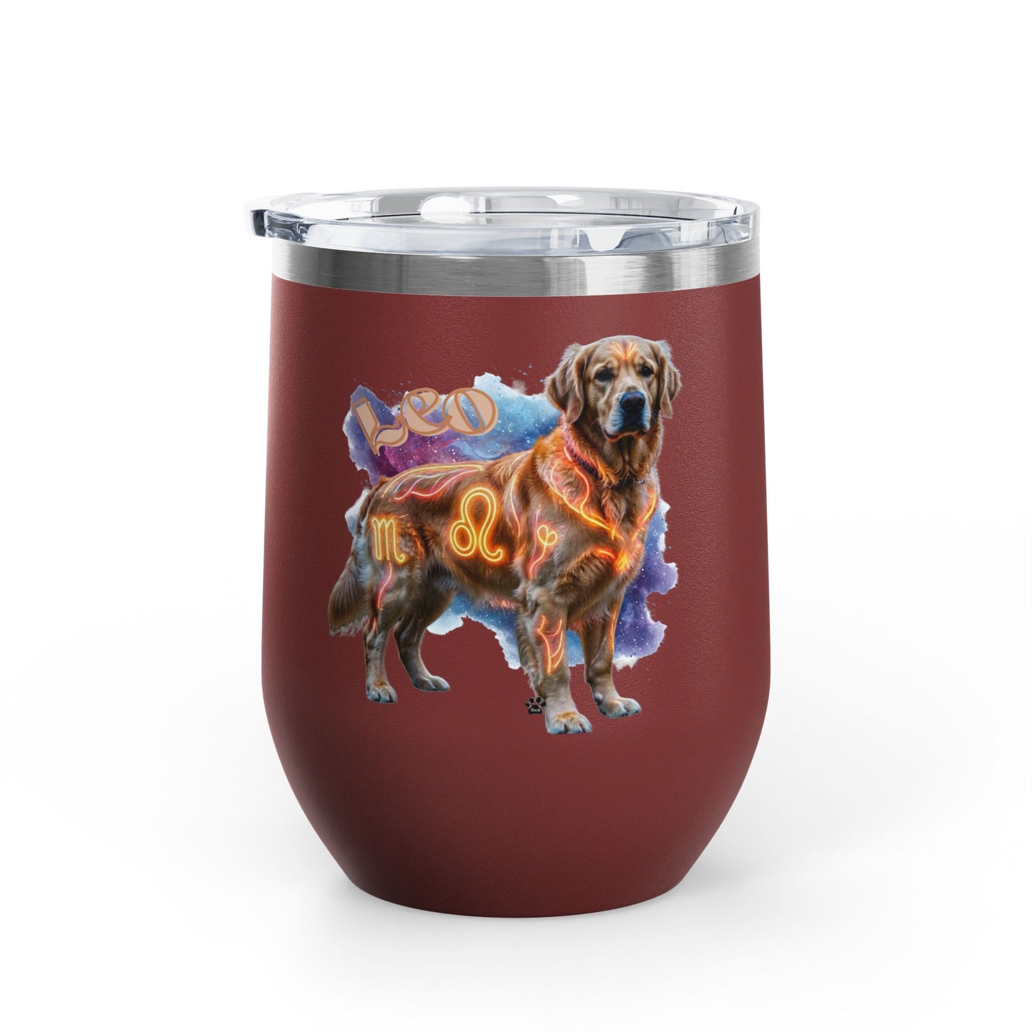 Leo Zodiac Golden Retriever Wine Tumbler – 12oz Insulated Stainless Steel Stemless Cup & Dog Lover Gift