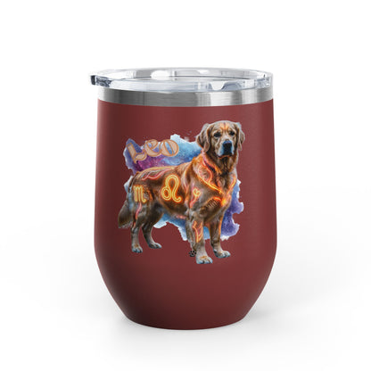 Leo Zodiac Golden Retriever Wine Tumbler – 12oz Insulated Stainless Steel Stemless Cup & Dog Lover Gift
