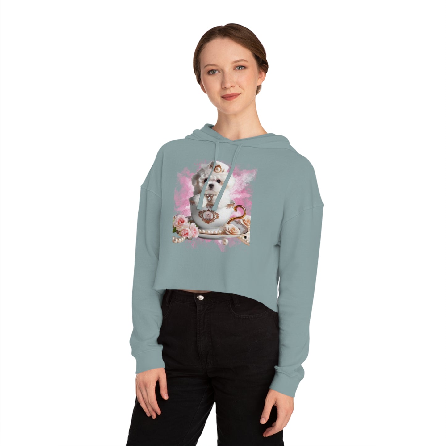 Too Cute Bichon Frise Teacup Puppy Women’s Cropped Hooded Sweatshirt