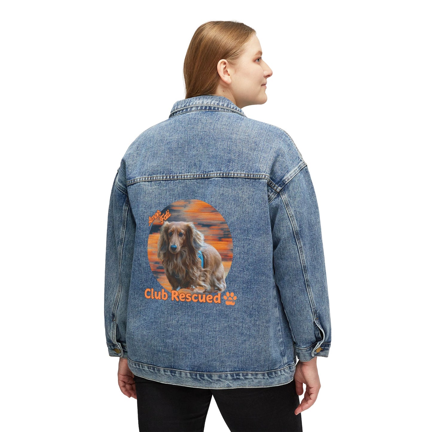 Long Haired Dachshund Club Rescued Women's Denim Jacket "Amor Fati"