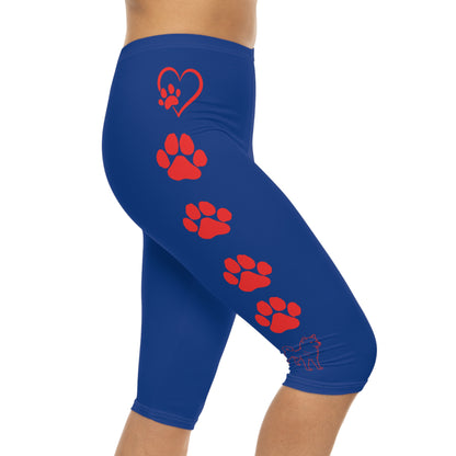 Paw Prints and Hearts Shiba Inu Capri Leggings Blue with Red