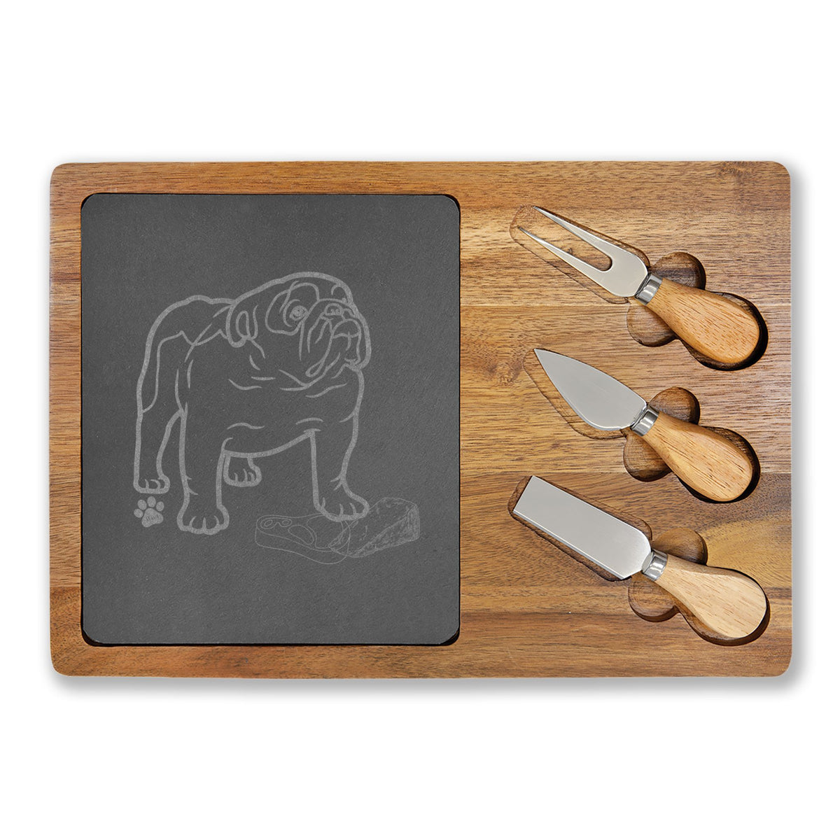 Bulldog Engraved Slate & Acacia Wood Charcuterie Board with Cheese Knives