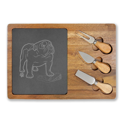 Bulldog Engraved Slate & Acacia Wood Charcuterie Board with Cheese Knives