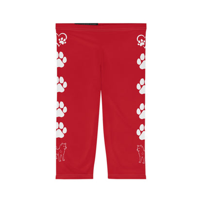 Paw Prints and Hearts Shiba Inu Capri Leggings Red with White